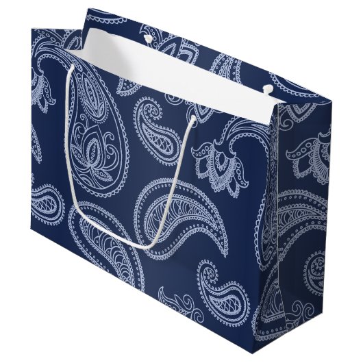 Elegant donkerblauw paisleypatroon large cadeautasje (Voorkant Gekanteld)