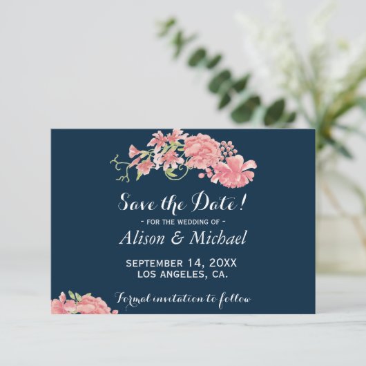 Elegant donkerblauw roze pioenen bruiloft save dat save the date (Staand voorkant)