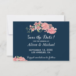 Elegant donkerblauw roze pioenen bruiloft save dat the date