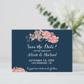 Elegant donkerblauw roze pioenen bruiloft save dat the date (Staand voorkant)