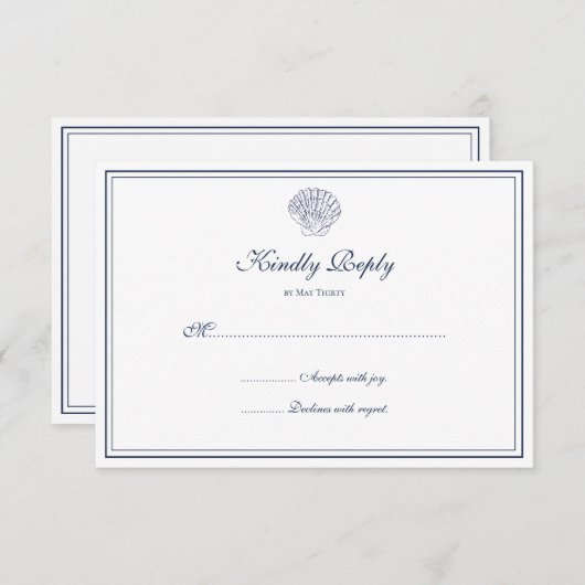 Elegant Donkerblauw Shell RSVP Kaartje (Voorkant / Achterkant)