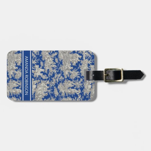 Elegant  donkerblauw toile de jouy bagagelabel (Voorkant horizontaal)