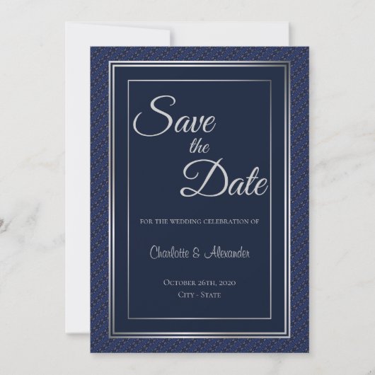 Elegant donkerblauw Zilveren Rand Bind Opslaan D Save The Date (Voorkant)