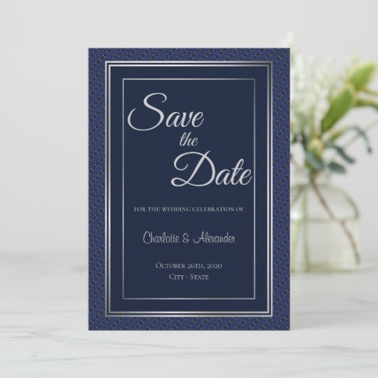 Elegant donkerblauw Zilveren Rand Bind Opslaan D Save The Date (Staand voorkant)