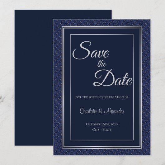 Elegant donkerblauw Zilveren Rand Bind Opslaan D Save The Date (Voorkant / Achterkant)