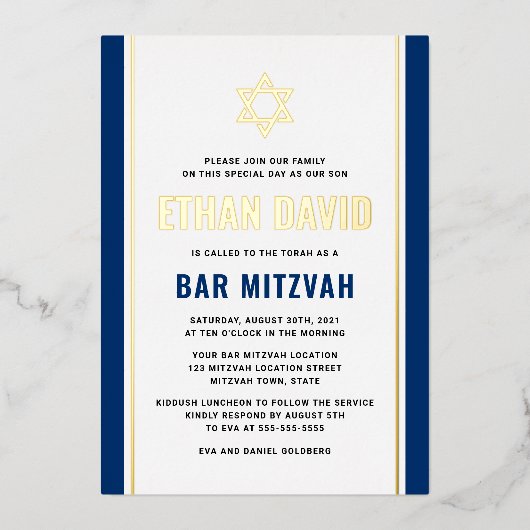 Elegant donkerblauwe bar mitzvah Star van David re Folie Uitnodiging (Voorkant)