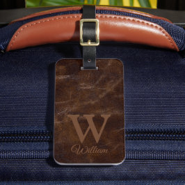 Elegant donkerbruine Koe lederen textuur Monogramm Bagagelabel