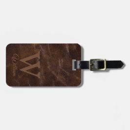 Elegant donkerbruine Koe lederen textuur Monogramm Bagagelabel