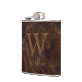 Elegant donkerbruine Koe lederen textuur Monogramm Heupfles (Links)