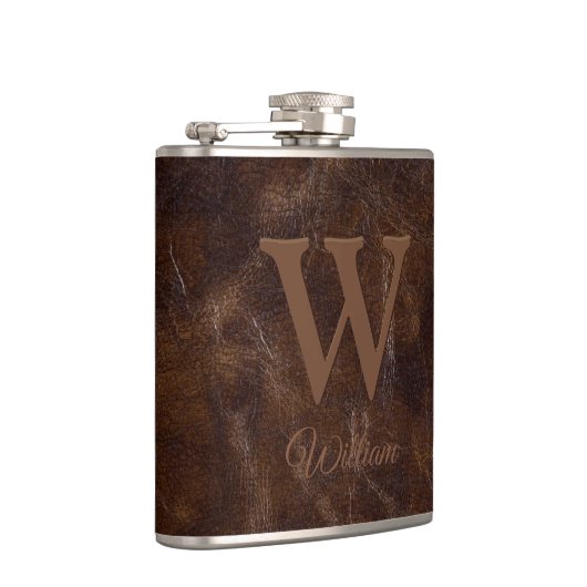 Elegant donkerbruine Koe lederen textuur Monogramm Heupfles (Rechts)