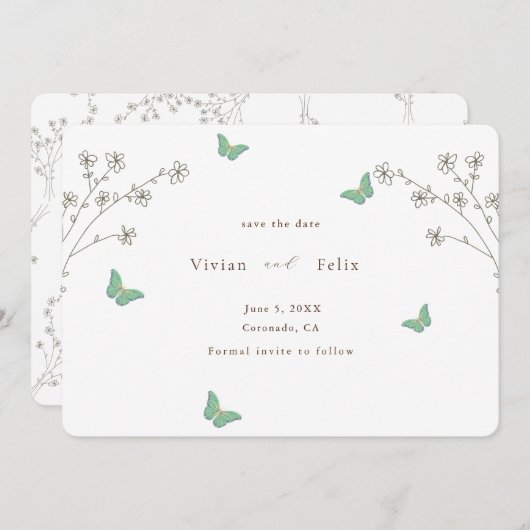 Elegant donkerbruine vlinder slaat de datum op kaart (Voorkant / Achterkant)