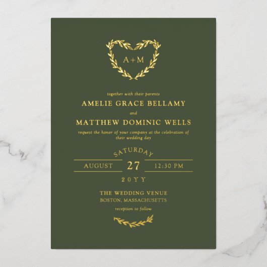 Elegant Donkere Olijf en goudhartslag Wreath Wedde Folie Uitnodiging (Voorkant)