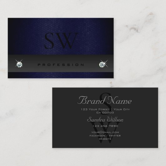 Elegant Donkergrijs Blauw Slangenpatroon met Monog Visitekaartje (Voorkant / Achterkant)