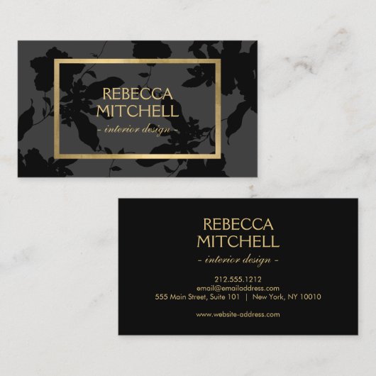 Elegant donkergrijs bloemmotief met gouden accente visitekaartje (Voorkant / Achterkant)
