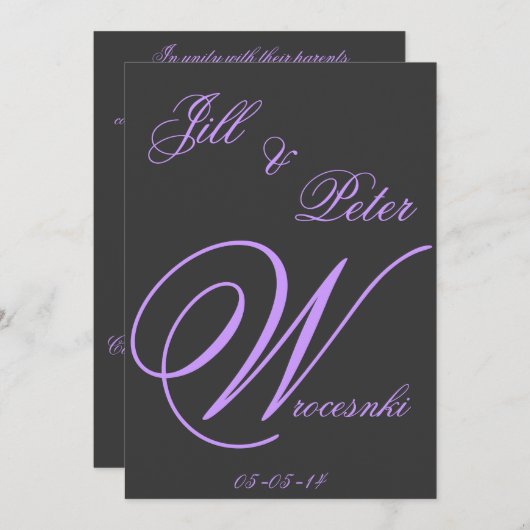 elegant donkergrijs en paarse huwelijksuitnodiging kaart (Voorkant / Achterkant)