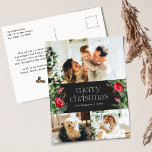 Elegant Donkergrijs Vrolijk Kerstfeest 3 Foto Vaka Briefkaart<br><div class="desc">Dit collectie is voorzien van waterverf rode bloemen,  bessen & wintergroen met een moderne en elegante typografie,  met een winterbotanische patroonrug.</div>