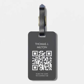 Elegant donkergrijs wit vet monogram QR-code Bagagelabel