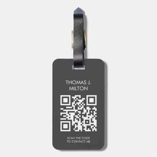 Elegant donkergrijs wit vet monogram QR-code Bagagelabel (Achterkant verticaal)