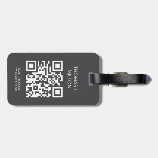 Elegant donkergrijs wit vet monogram QR-code Bagagelabel (Achterkant horizontaal)