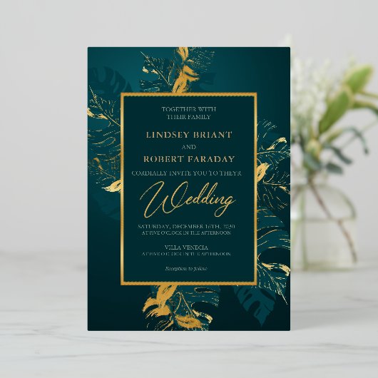 Elegant donkergroen en echt gouden folie bruiloft folie uitnodiging (Staand Voorkant)