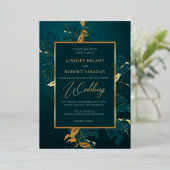 Elegant donkergroen en echt gouden folie bruiloft uitnodiging (Staand Voorkant)