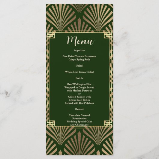 Elegant Donkergroen Goud Art Deco 20s Bruiloft Menu (Voorkant)