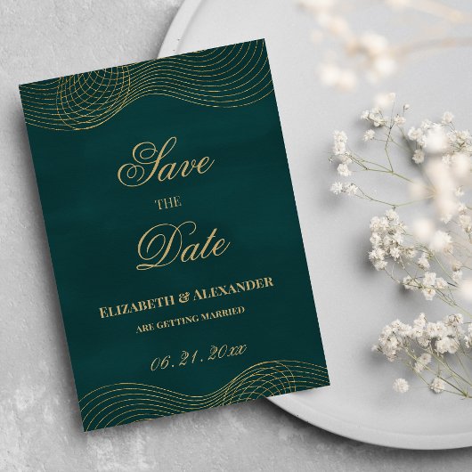 Elegant donkergroen goud geometrisch Save the Date Kaart