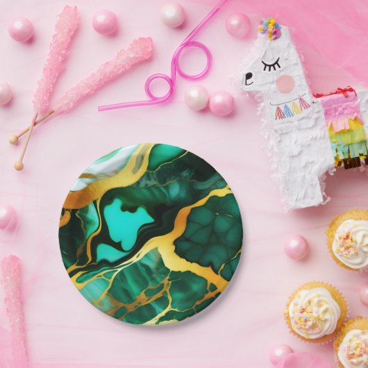 Elegant donkergroen goudgeel Faux Marble Papieren Bordje (Feest)