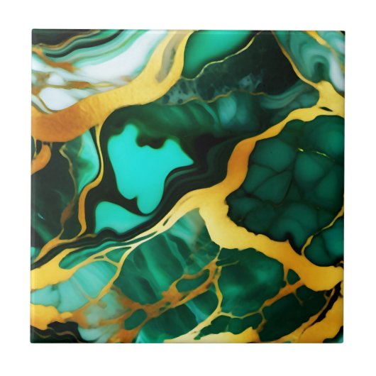 Elegant donkergroen goudgeel Faux Marble Tegeltje (Voorkant)