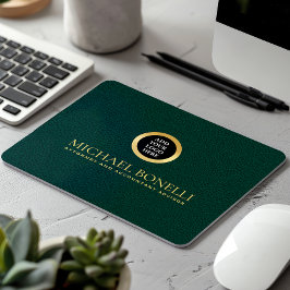 Elegant Donkergroen Lederen Luxe Gouden RONDE Logo Muismat