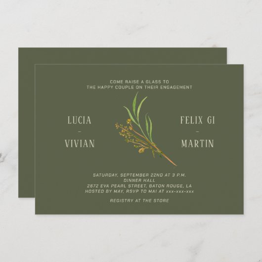 Elegant Donkergroen Rustiek Verlovingsfeest Kaart (Voorkant / Achterkant)
