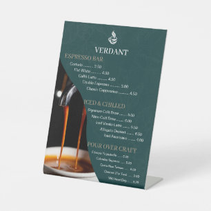 Elegant donkergroen speciaal koffiecafé menubord reclamebord met voetstuk