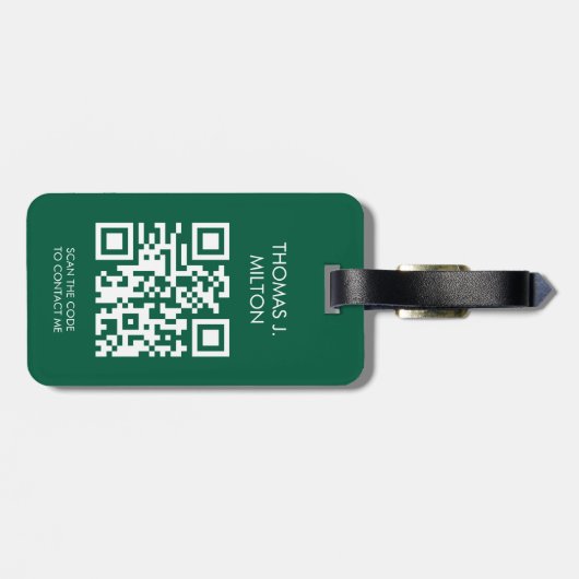 Elegant donkergroen wit vet monogram QR-code Bagagelabel (Achterkant horizontaal)