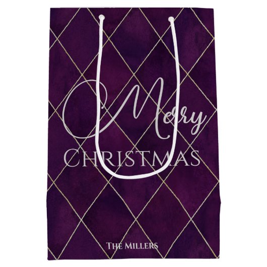 Elegant donkerpaars argylepatroon vrolijk kerstfee medium cadeauzakje (Achterkant)