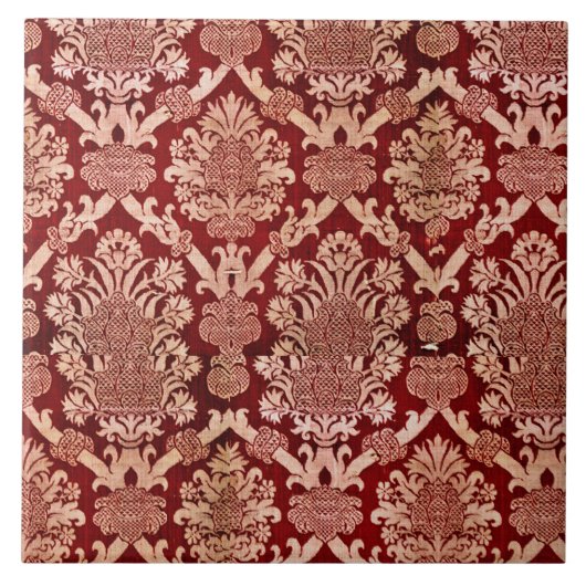 Elegant  Donkerrood Beige Damast Weave Tegeltje (Voorkant)