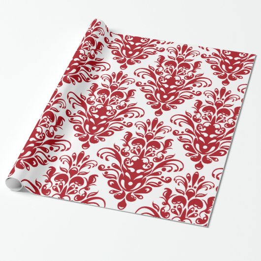 Elegant donkerrood  damast patroon cadeaupapier (Uitgerold)