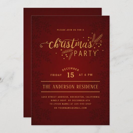 Elegant donkerrood en goud kerstfeest kaart (Voorkant / Achterkant)