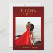 Elegant Donkerrood & Goud Minimalistische Foto Bru Bedankkaart (Voorkant)