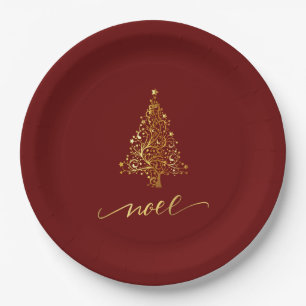 Elegant Donkerrood & Gouden Kerstboom Noel Papieren Bordje