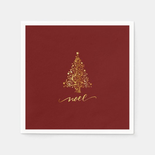 Elegant Donkerrood & Gouden Kerstboom Noel Servet (Voorkant)