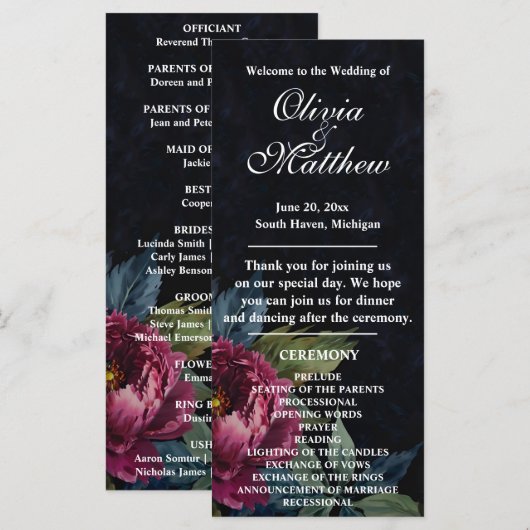 Elegant donkerroze bloemenzwart Trouwprogramma (Voorkant / Achterkant)