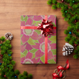Elegant Donkerroze Groen Poinsettia Kerstmis Cadeaupapier
