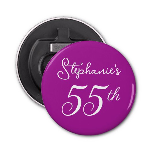 Elegant Donkerroze Monogram 55e Verjaardagsfeest Button Flesopener (Voorkant)