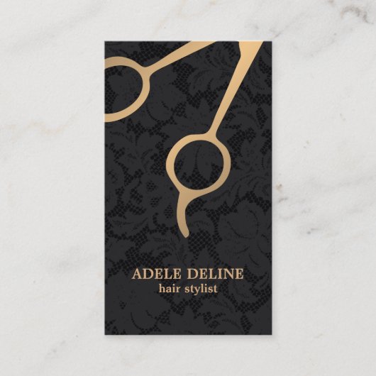 Elegant donkerzwart, zwarte kant, goudschaar, haar visitekaartje (Voorkant)
