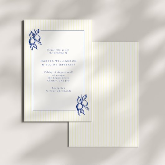 Elegant Doodle Blue Lemons & Stripes Wedding Kaart
