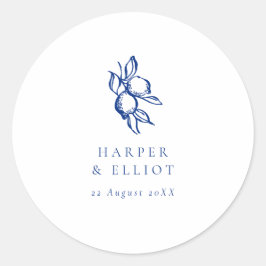 Elegant Doodle Blue Lemons Wedding Favor Ronde Sticker