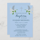 Elegant Doopsel Blauwe Doven en Cross Invitation Aankondiging (Voorkant / Achterkant)