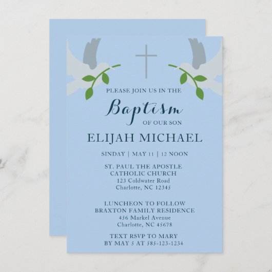 Elegant Doopsel Blauwe Doven en Cross Invitation Aankondiging (Voorkant / Achterkant)