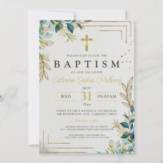 Elegant doopsel goud & groen doop kaart (Voorkant)