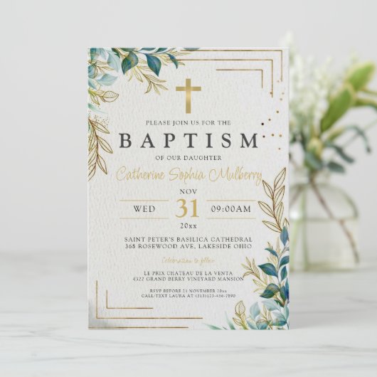 Elegant doopsel goud & groen doop kaart (Staand voorkant)